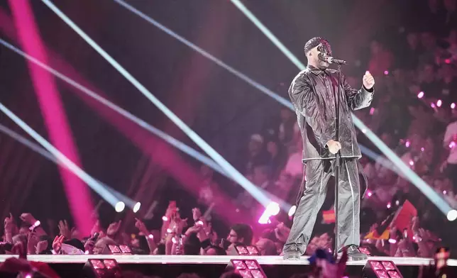 Gabry Ponte from San Marino performs the song "Tutta L'Italia" during the Grand Final of the 69th Eurovision Song Contest, in Basel, Switzerland, Saturday, May 17, 2025. (AP Photo/Martin Meissner)