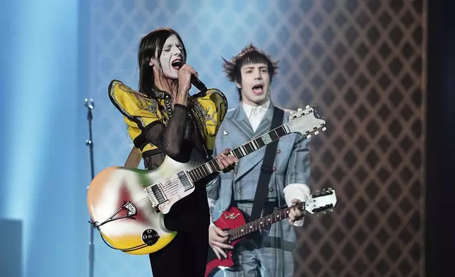 Lucio Corsi from Italy performs the song "Volevo Essere Un Duro" during the Grand Final of the 69th Eurovision Song Contest, in Basel, Switzerland, Saturday, May 17, 2025. (AP Photo/Martin Meissner)