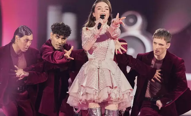 Laura Thorn from Luxembourg performs the song "La Poupee Monte Le Son" during the Grand Final of the 69th Eurovision Song Contest, in Basel, Switzerland, Saturday, May 17, 2025. (AP Photo/Martin Meissner)