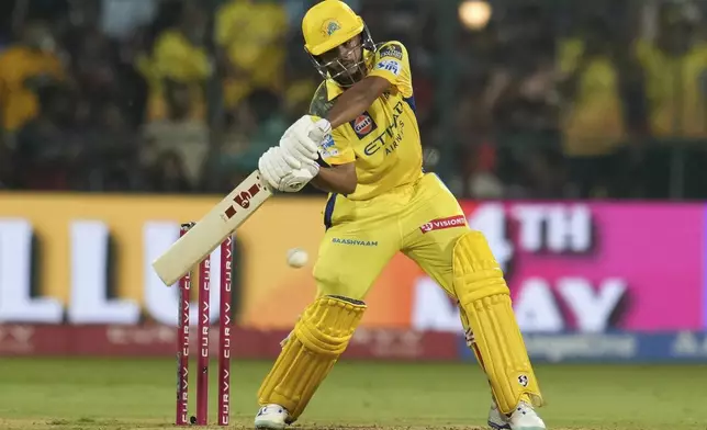 Chennai Super Kings' Ayush Mhatre plays a shot during the Indian Premier League cricket match between Royal Challengers Bengaluru and Chennai Super Kings at Chinnaswamy Stadium in Bengaluru, India, Saturday, May 3, 2025. (AP Photo/Aijaz Rahi)