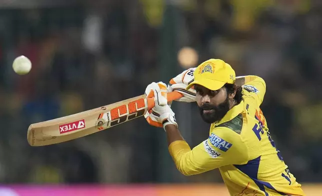 Chennai Super Kings' Ravindra Jadeja plays a shot during the Indian Premier League cricket match between Royal Challengers Bengaluru and Chennai Super Kings at Chinnaswamy Stadium in Bengaluru, India, Saturday, May 3, 2025. (AP Photo/Aijaz Rahi)