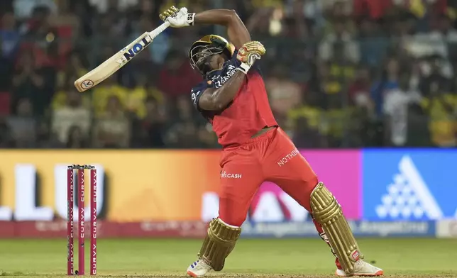 Royal Challengers Bengaluru's Romario Shepherd bats during the Indian Premier League cricket match between Royal Challengers Bengaluru and Chennai Super Kings at Chinnaswamy Stadium in Bengaluru, India, Saturday, May 3, 2025. (AP Photo/Aijaz Rahi)