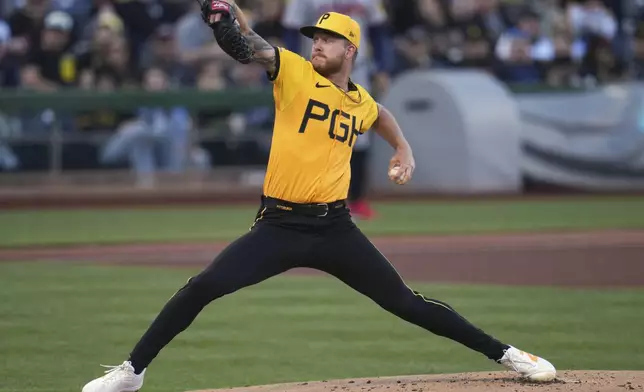 Pittsburgh Pirates pitcher Bailey Falter delivers during the first inning of a baseball game against the Atlanta Braves in Pittsburgh, Friday, May 9, 2025. (AP Photo/Gene J. Puskar)