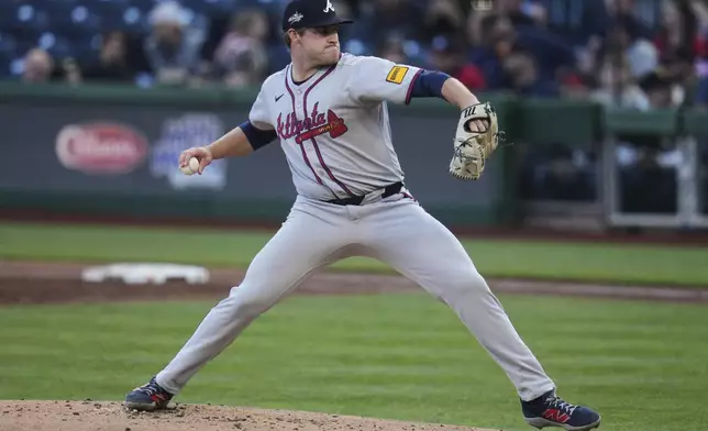 Atlanta Braves pitcher Bryce Elder delivers during the first inning of a baseball game against the Pittsburgh Pirates in Pittsburgh, Friday, May 9, 2025. (AP Photo/Gene J. Puskar)