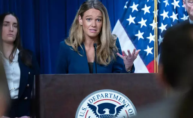 DHS Assistant Secretary for Public Affairs Tricia McLaughlin speaks during a news conference at ICE Headquarters, in Washington, Wednesday, May 21, 2025. (AP Photo/Jose Luis Magana)