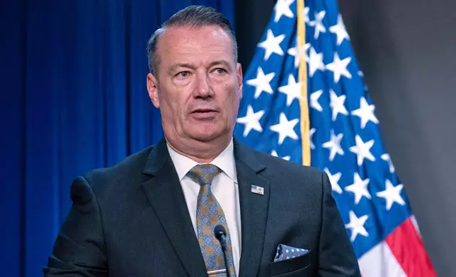 Acting director of U.S. Immigration and Customs Enforcement (ICE) Todd Lyons speaks during a news conference at ICE Headquarters, in Washington, Wednesday, May 21, 2025. (AP Photo/Jose Luis Magana)