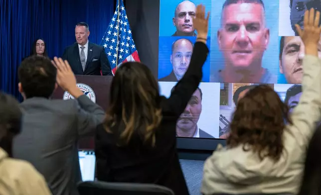 Acting director of U.S. Immigration and Customs Enforcement (ICE) Todd Lyons speaks during a news conference at ICE Headquarters, in Washington, Wednesday, May 21, 2025. (AP Photo/Jose Luis Magana)