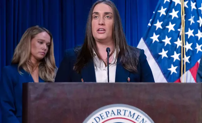 Deputy director of U.S. Immigration and Customs Enforcement Madison Sheahan speaks during a news conference at ICE Headquarters, in Washington, Wednesday, May 21, 2025. (AP Photo/Jose Luis Magana)