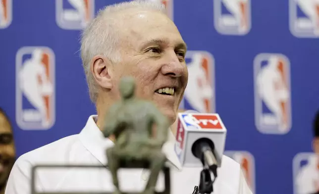 FILE - San Antonio Spurs coach Gregg Popovich sits with the Red Auerbach trophy during an NBA basketball news conference after he was named the coach of the year, Tuesday, April 22, 2014, in San Antonio. (AP Photo/Eric Gay, File)