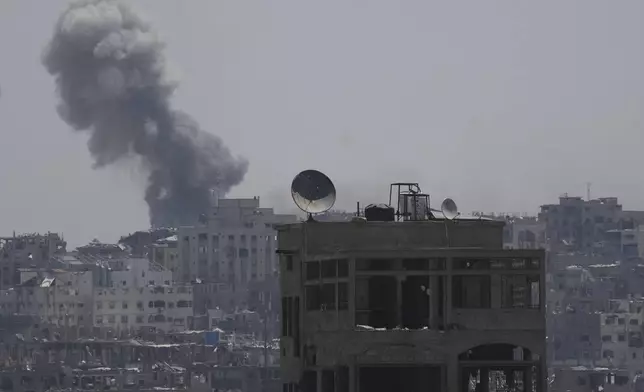 Smoke rises following an Israeli airstrike near Jabalia, northern Gaza Strip, Friday, May 16, 2025. (AP Photo/Jehad Alshrafi)