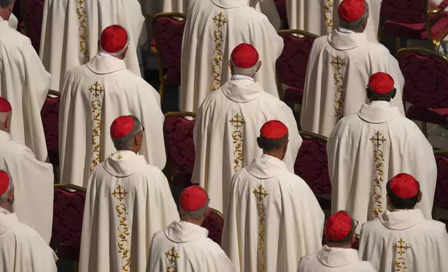 FILE - Cardinals attend a Mass presided over by Cardinal Pietro Parolin in St. Peter’s Square, at the Vatican, on the second of nine days of mourning for Pope Francis on Sunday, April 27, 2025. (AP Photo/Andreea Alexandru, File)