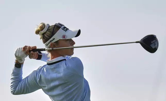 Nelly Korda hits from the 12th tee during the second round of the U.S. Women's Open golf tournament at Erin Hills Friday, May 30, 2025, in Erin, Wis. (AP Photo/Jeff Roberson)