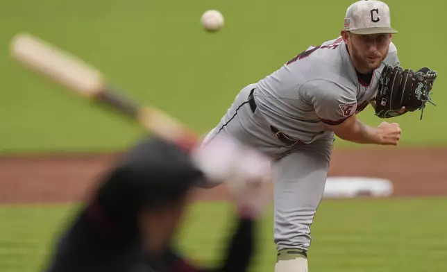 Cleveland Guardians pitcher Tanner Bibee throws during first inning of a baseball game against the Cincinnati Reds, Friday, May 16, 2025, in Cincinnati. (AP Photo/Carolyn Kaster)