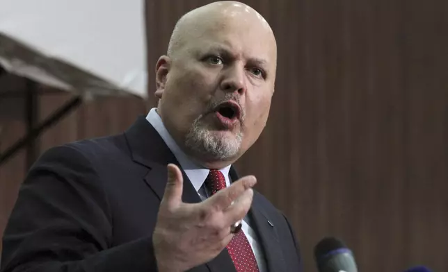 FILE - Karim Ahmed Khan, International Criminal Court chief prosecutor, speaks during a news conference in Khartoum, Sudan, Aug. 12, 2021. (AP Photo/Marwan Ali, File)