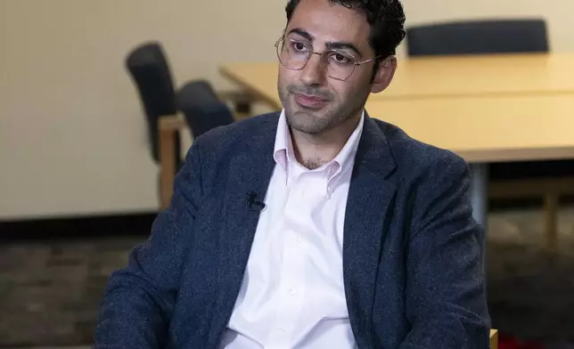 Mohsen Mahdawi speaks during an interview at the ACLU of Vermont on Thursday, May 8, 2025, in Montpelier, Vt. (AP Photo/Alex Driehaus)