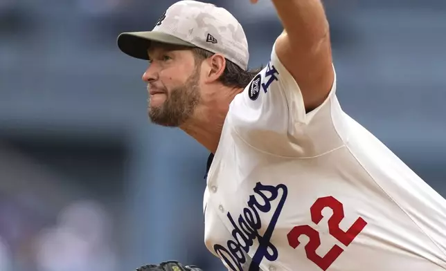 Los Angeles Dodgers starting pitcher Clayton Kershaw throws to the plate during the first inning of a baseball game against the Los Angeles Angels, Saturday, May 17, 2025, in Los Angeles. (AP Photo/Mark J. Terrill)