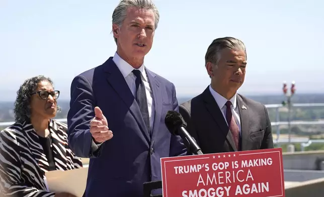 Calif. Gov. Gavin Newsom discusses the U.S. Senate vote against California Emissions rules which include the ban on the sale of new gas powered cars by 2035 during a news conference in Sacramento, Calif., Thursday, May 22, 2025. Newsom was accompanied by Liane Randolph, chair of the California Air Resources Board, left, and California Attorney General Rob Bonta.I(Photo/Rich Pedroncelli)