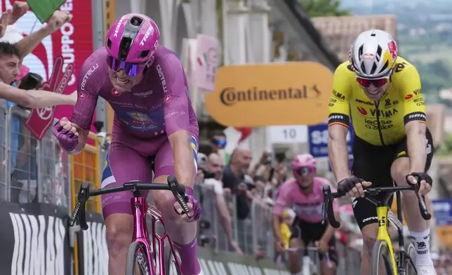 Denmark's Pedersen Mads of Lidl–Trek Team, left, competes during the 13th stage of the Giro d'Italia cycling race from Rovigo to Vicenza, Italy, Friday, May 23, 2025. (Gian Mattia D'Alberto/LaPresse via AP)