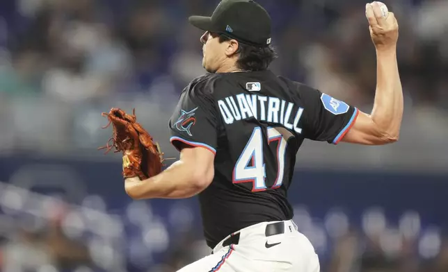 Miami Marlins starting pitcher Cal Quantrill (47) throws during the first inning of a baseball game against the San Francisco Giants, Friday, May 30, 2025, in Miami. (AP Photo/Lynne Sladky)