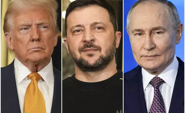 FILE - In this combination of file photos, President Donald Trump, left, and Ukraine's President Volodymyr Zelenskyy, center, are seen at the Elysee Palace, Dec. 7, 2024 in Paris, and President Vladimir Putin, right, addresses a Technology Forum in Moscow, Feb. 21, 2025. (AP Photo/Aurelien Morissard, left and center, Pavel Bednyakov, right, File)