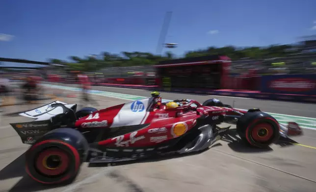 Ferrari driver Lewis Hamilton of Britain leaves the pitlane during the first free practice at the Enzo and Dino Ferrari racetrack, ahead the Italy's Emilia Romagna Formula One Grand Prix, in Imola, Italy, Friday, May 16, 2025. (AP Photo/Antonio Calanni)