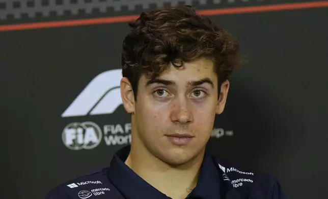Alpine driver Franco Colapinto of Argentina answers reporters during a news conference at the Enzo and Dino Ferrari racetrack, ahead the Italy's Emilia Romagna Formula One Grand Prix in Imola, Italy, Thursday, May 15, 2025. (AP Photo/Luca Bruno)