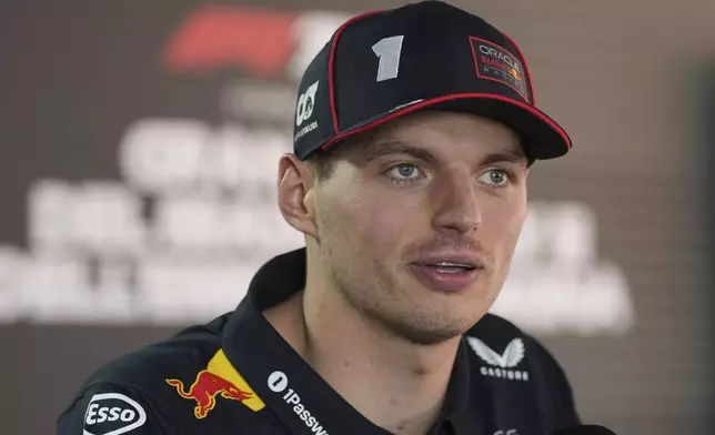 Red Bull driver Max Verstappen of the Netherlands talks to media before the first free practice at the Enzo and Dino Ferrari racetrack, ahead the Italy's Emilia Romagna Formula One Grand Prix, in Imola, Italy, Friday, May 16, 2025. (AP Photo/Antonio Calanni)