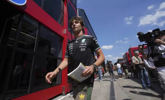 Mercedes driver Andrea Kimi Antonelli of Italy was in the paddock at the Enzo and Dino Ferrari racetrack, ahead the Italy's Emilia Romagna Formula One Grand Prix in Imola, Italy, Thursday, May 15, 2025. (AP Photo/Antonio Calanni)