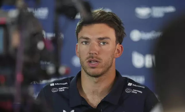 Alpine driver Pierre Gasly of France talks with reporters at the Dino and Enzo Ferrari racetrack, ahead the Italy's Emilia Romagna Formula One Grand Prix in Imola, Italy, Thursday, May 15, 2025. (AP Photo/Antonio Calanni)