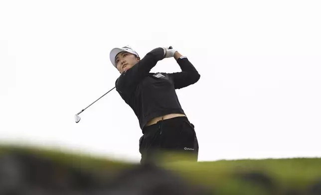 Haeran Ryu, of South Korea, hits from the third tee during the final round of the LPGA Black Desert Championship golf tournament Sunday, May 4, 2025, in Ivins, Utah. (AP Photo/Candice Ward)
