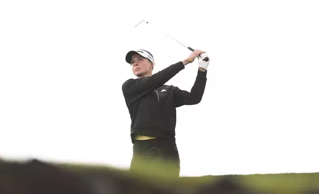 Esther Henseleit, of Germany, hits from the third tee during the final round of the LPGA Black Desert Championship golf tournament Sunday, May 4, 2025, in Ivins, Utah. (AP Photo/Candice Ward)