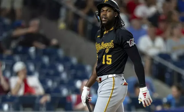 Pittsburgh Pirates' Oneil Cruz looks on after being called out on strikes during the ninth inning of a baseball game against the Philadelphia Phillies, Saturday, May 17, 2025, in Philadelphia. (AP Photo/Chris Szagola)