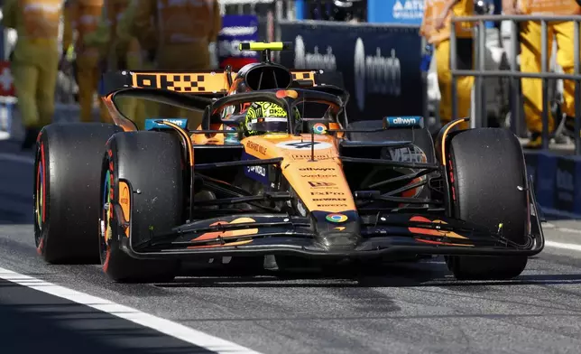 McLaren driver Lando Norris of Britain steers his car during the second free practice ahead of the Spanish Grand Prix Formula One race at the Barcelona Catalunya racetrack in Montmelo, near Barcelona, Spain, Friday, May 30, 2025. (AP Photo/Joan Monfort)