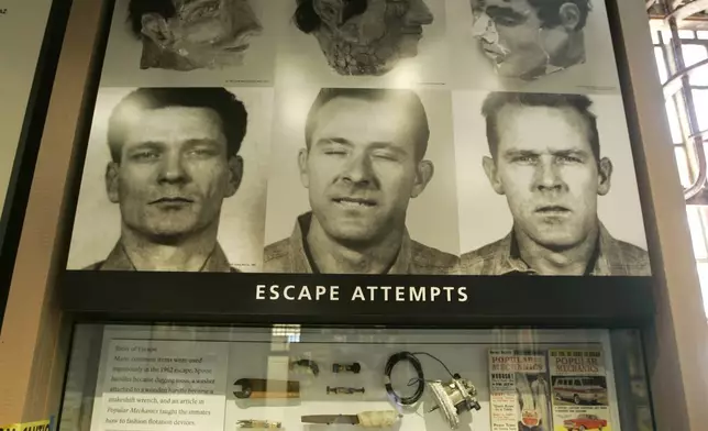 FILE - An exhibit about a 1962 prison escape made famous in the movie, Escape from Alcatraz, is exhibited in the new cell house museum store on Alcatraz Island in the San Francisco Bay, California, April 24, 2007. (AP Photo/Eric Risberg, File)