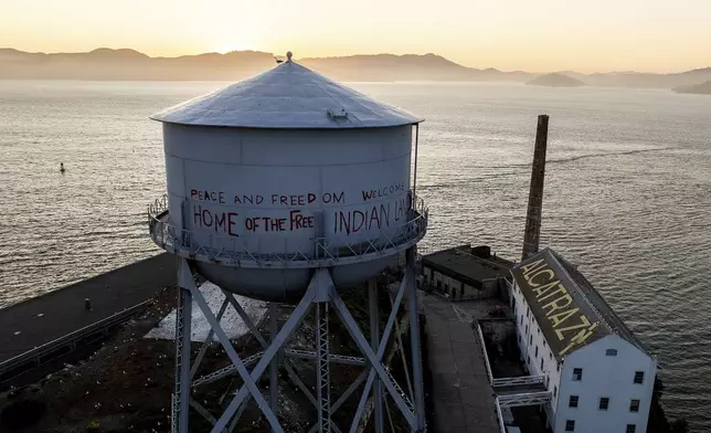 A water tower stands at Alcatraz Island on Sunday, May 4, 2025, in the San Francisco Bay, Calif. (AP Photo/Noah Berger)