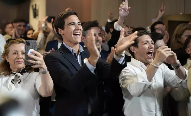 Supporters of the center-right ruling coalition of Prime Minister Luis Montenegro react to exit polls following Portugal's general election, in Lisbon, Sunday, May 18, 2025. (AP Photo/Armando Franca)