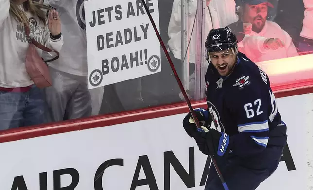 Winnipeg Jets' Nino Niederreiter (62) celebrates his goal against the St. Louis Blues during first period NHL playoff action in Winnipeg on Wednesday, April 30, 2025. (John Woods/The Canadian Press via AP)