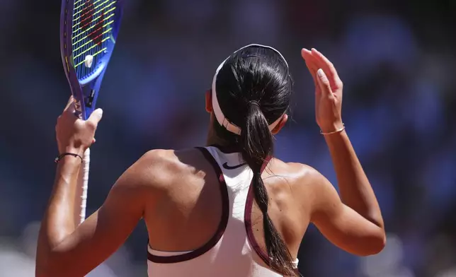 Serbia's Olga Danilovic reacts as she plays Aryna Sabalenka of Belarus during their third round match of the French Tennis Open, at the Roland-Garros stadium, in Paris, Friday, May 30, 2025. (AP Photo/Lindsey Wasson)