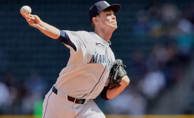 Seattle Mariners starting pitcher Emerson Hancock throws against the Los Angeles Angels during the first inning of a baseball game, Wednesday, April 30, 2025, in Seattle. (AP Photo/John Froschauer)