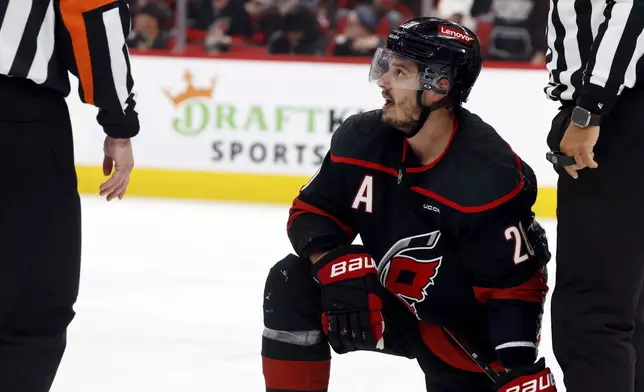 Carolina Hurricanes' Sebastian Aho (20) protests to an official during the second period of Game 1 of the NHL hockey Stanley Cup Eastern Conference finals against the Florida Panthers in Raleigh, N.C., Tuesday, May 20, 2025. (AP Photo/Karl DeBlaker)