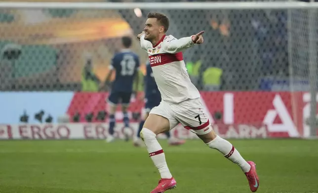 Stuttgart's Maximilian Mittelstaedt reacts during the German soccer cup, DFB Pokal, final match between Arminia Bielefeld and VfB Stuttgart at Olympiastadion in Berlin, Germany, Saturday, May 24, 2025. (AP Photo/Matthias Schrader)
