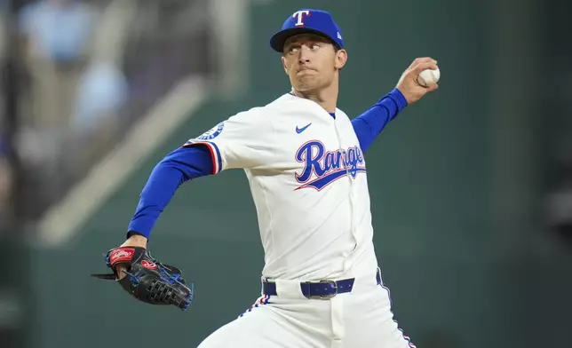 Texas Rangers pitcher Jacob Latz throws a pitch to the Oakland Athletics during the ninth inning of a baseball game Thursday, May 1, 2025, in Arlington, TX. (AP Photo/Julio Cortez)