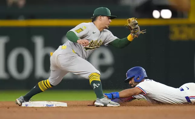 Texas Rangers' Marcus Semien, bottom, steals second base under the tag of Oakland Athletics second baseman Luis Urías during the fifth inning of a baseball game Thursday, May 1, 2025, in Arlington, TX. (AP Photo/Julio Cortez)