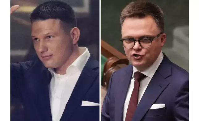 This combination of photos shows Slawomir Mentzen, left, in Katowice, Poland, on Sept. 23, 2023 and Szymon Holownia in Warsaw, Poland, on Nov. , 13, 2023. (AP Photo/Czarek Sokolowski, File)