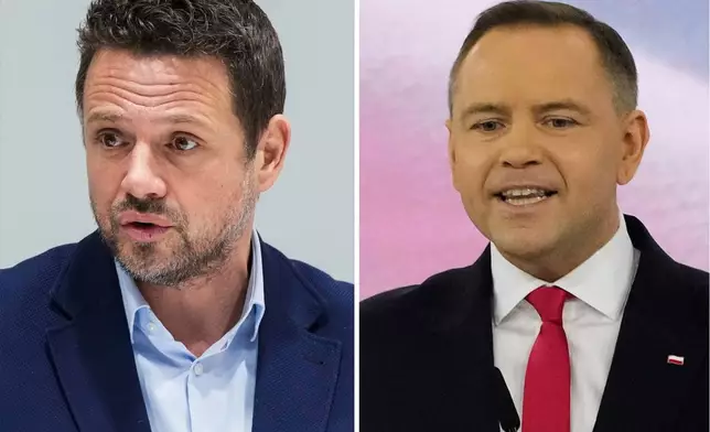 This combination of photos shows Warsaw Mayor Rafal Trzaskowski, left, in Warsaw, Poland, on March 14, 2022 and Karol Nawrocki in Szeligi near Warsaw, Poland, on March 2, 2025. (AP Photo/Czarek Sokolowski, File)