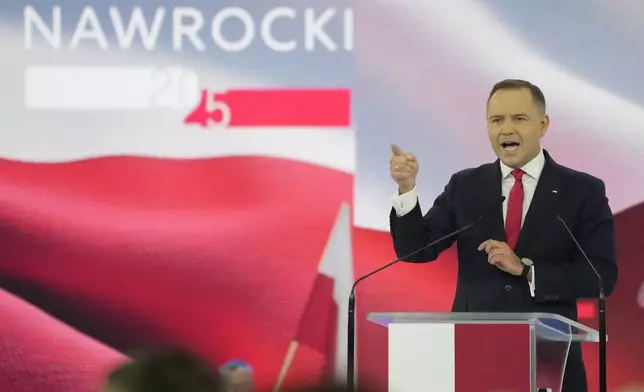 FILE - Karol Nawrocki, the presidential candidate backed by the conservative Law and Justice party, outlines his program ahead of Poland's May presidential election in Szeligi near Warsaw, Poland, on Sunday, March 2, 2025. (AP Photo/Czarek Sokolowski, File)
