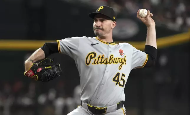 Pittsburgh Pirates pitcher Andrew Heaney throws against the Arizona Diamondbacks in the first inning during a baseball game, Monday, May 26, 2025, in Phoenix. (AP Photo/Rick Scuteri)