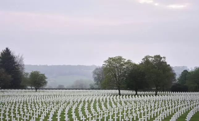 Gravestones of American WWII soldiers at the Henri-Chapelle American Cemetery in Henri Chapelle, Belgium, April 22, 2025. (AP Photo/Virginia Mayo)