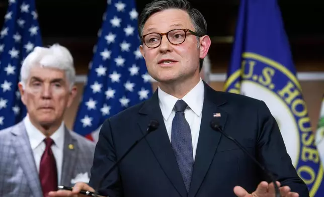 FiLE - Speaker of the House Mike Johnson, R-La., speaks during a news conference at the Capitol, May 6, 2025, in Washington. (AP Photo/Rod Lamkey, Jr., File)