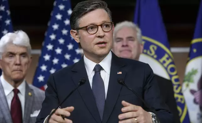 Speaker of the House Mike Johnson, R-La., speaks during a news conference at the Capitol, Tuesday, May 6, 2025, in Washington. (AP Photo/Rod Lamkey, Jr.)
